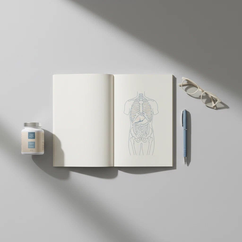Redactionele flat-lay met anatomisch naslagwerk, pen, leesbril en supplement pot op een grijs bureau