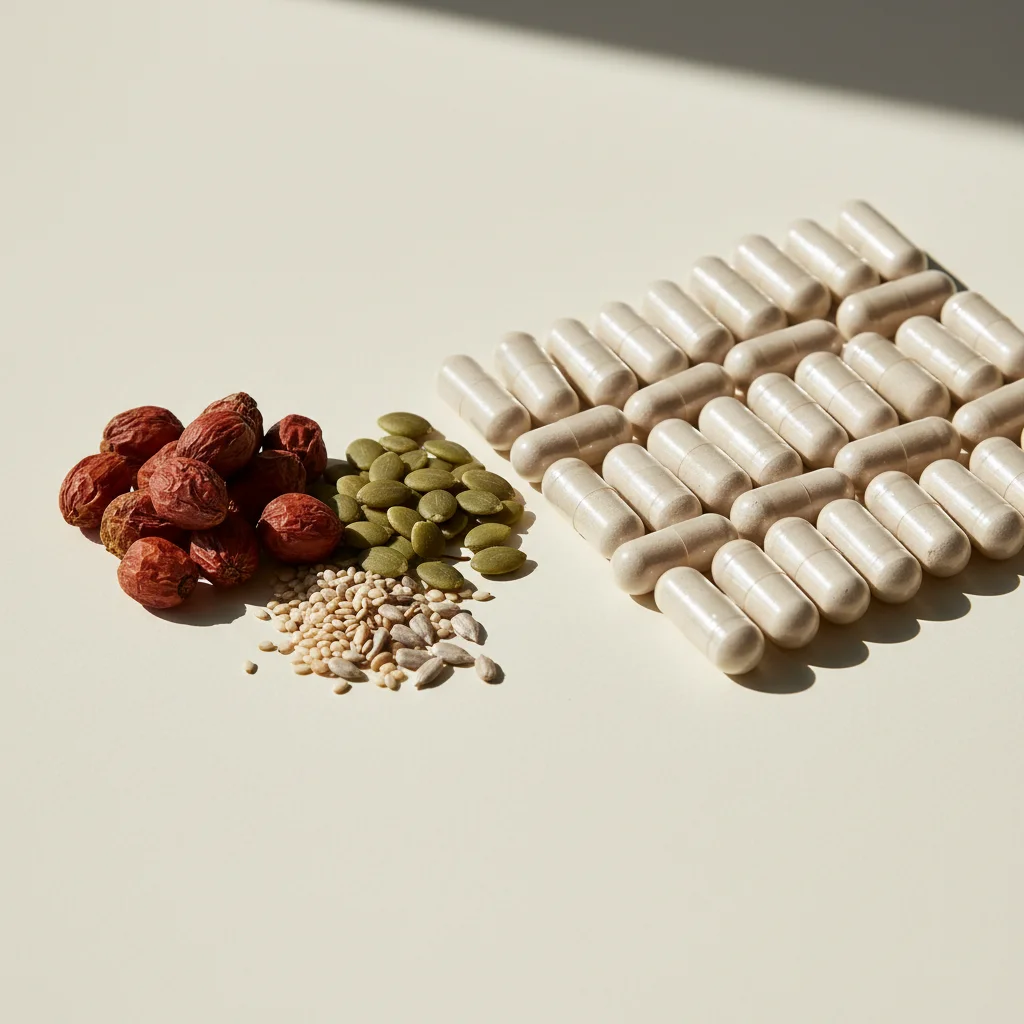 Close-up van supplement capsules naast pompoenzaden en saw palmetto bessen op een crème ondergrond