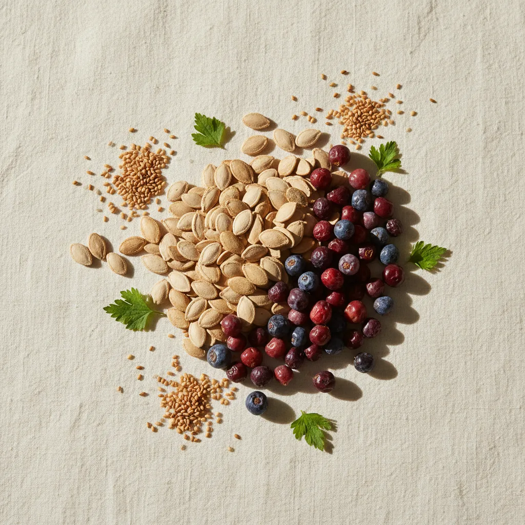 Platte weergave van pompoenzaden, kruiden en botanische ingrediënten voor supplement